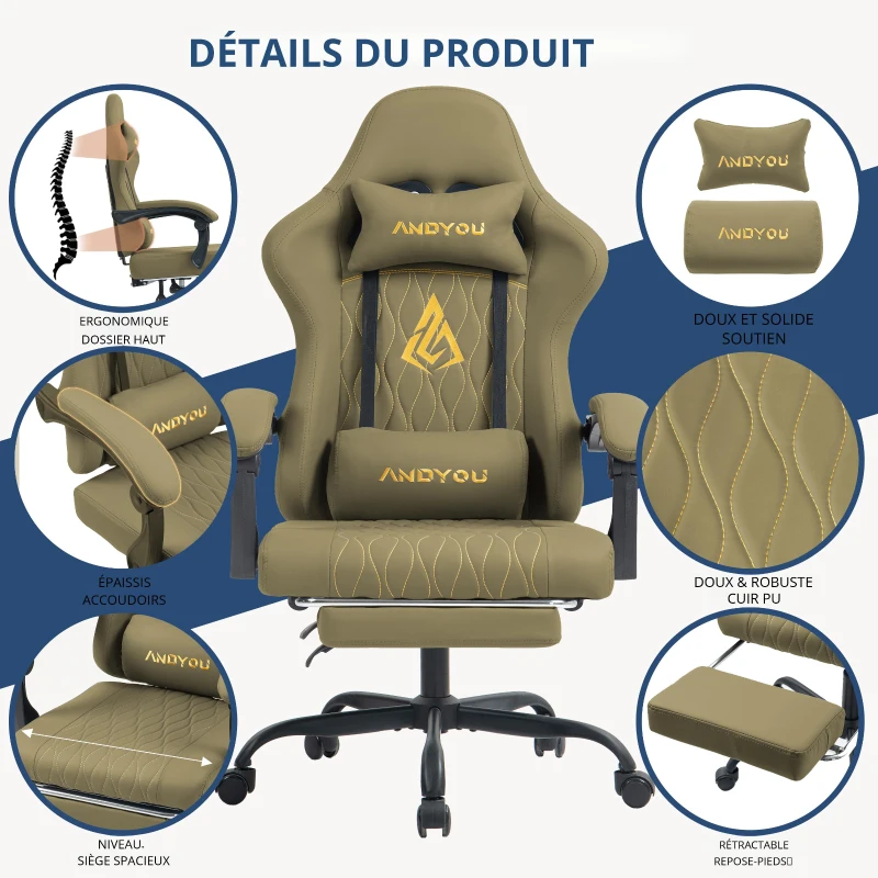 Chaise gamer avec repose-pieds, coussin doux pour la nuque et les lombaires, coussins de soutien amovibles, 60x60x122 cm, Vert