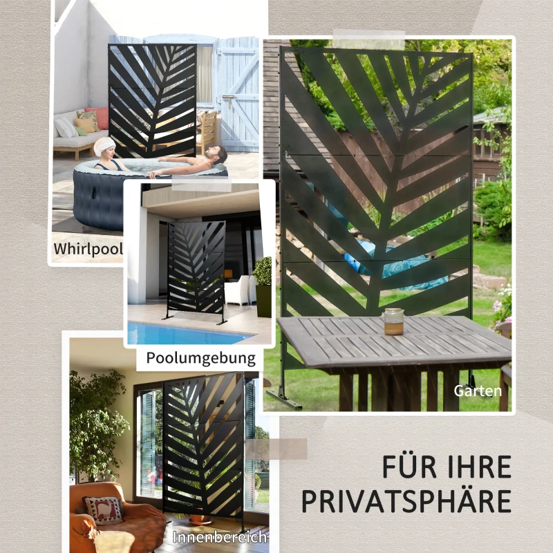 Outsunny Buitenscherm Privacy Stalen Frame Palmblad Silhouet 120x198 cm, Zwart
