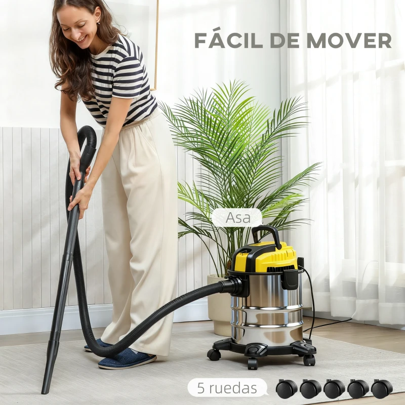 HOMCOM Aspirador en Seco y Húmedo 3 en 1 1200W con Función de Soplador Manguera 2 m Depósito Inoxidable 20L Amarillo