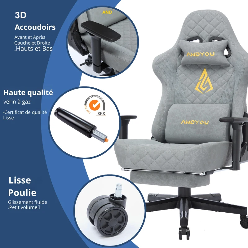 Fauteuil gamer ergonomique, entièrement rembourré, respirant, infroissable et durable, 70x70x131 cm, Gris