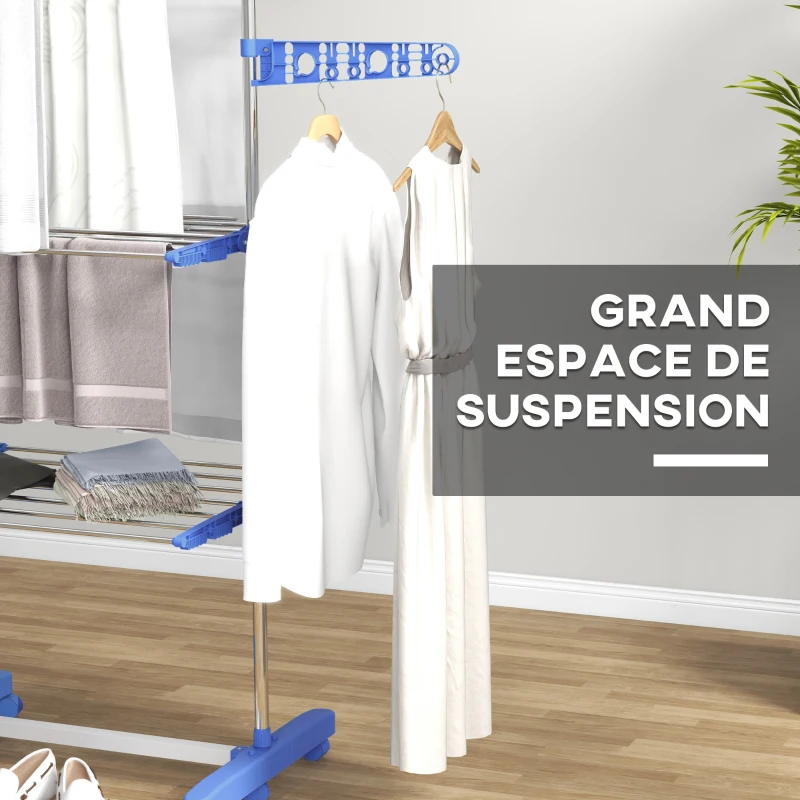 HOMCOM Séchoir à linge étendoir pliable ailes latérales utilisation intérieure et extérieure 3 niveaux 142 x 55 x 152 cm bleu