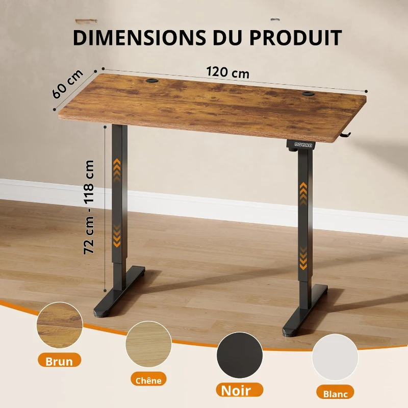 Bureau assis-debout électrique, moteur silencieux avec mémoire 3‑positions et système anti‑collision, 120 × 60 cm, 120x60x72-120 cm, Marron