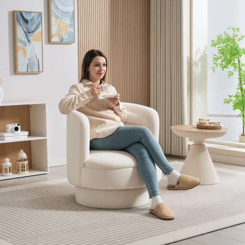 HOMCOM Draaibare gestoffeerde fauteuil, moderne loungefauteuil met frame van rubberhout, voor woonkamer en slaapkamer, crèmewit