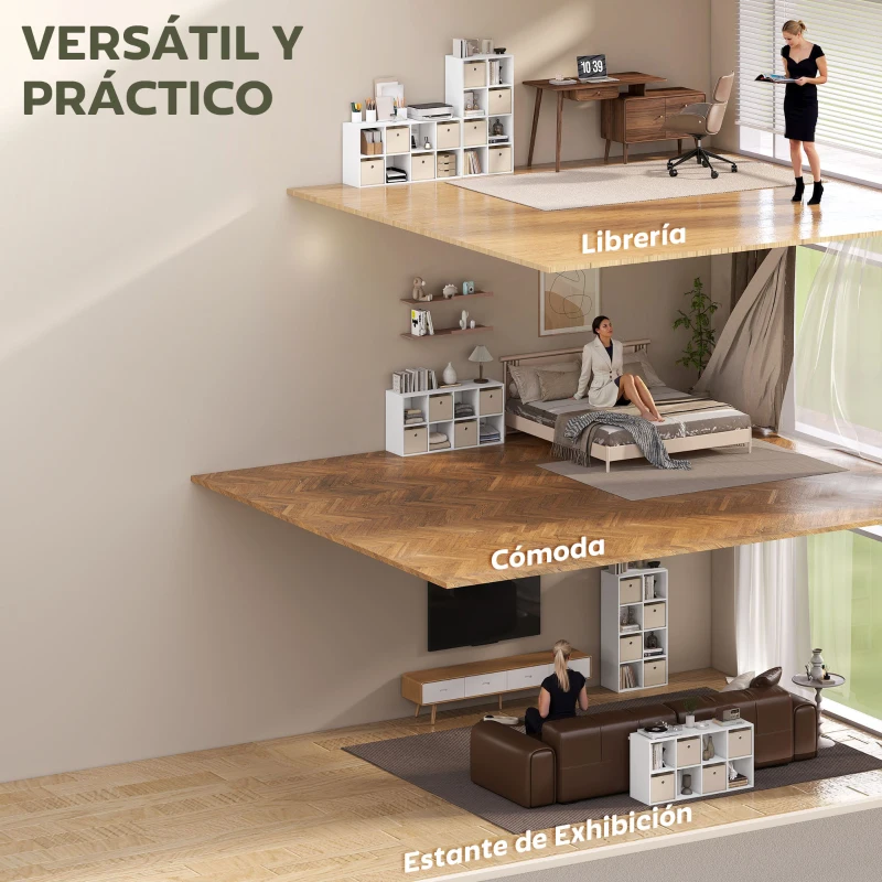 HOMCOM Estantería de 8 Cubos con 4 Cajones de Tela Horizontal o Vertical para Salón Dormitorio 105,9x30x53,7 cm Blanco y Beige