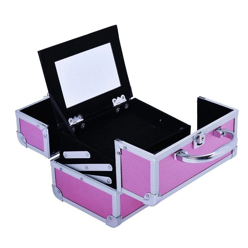 HOMCOM Maletín Maquillaje Profesional Estuche de Cosmético Portátil con Bandejas de 3 Niveles y Espejo 2 Llaves para Joyero Manicura Viaje 20x15x15 cm Rosa
