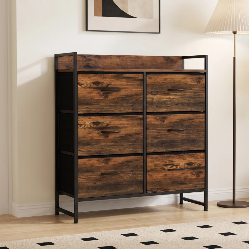 HOMCOM Commode, meuble de rangement pour chambre 6 tiroirs tissu non tissé cadre en acier, 80 x 29 x 85 cm, effet bois d'acajou