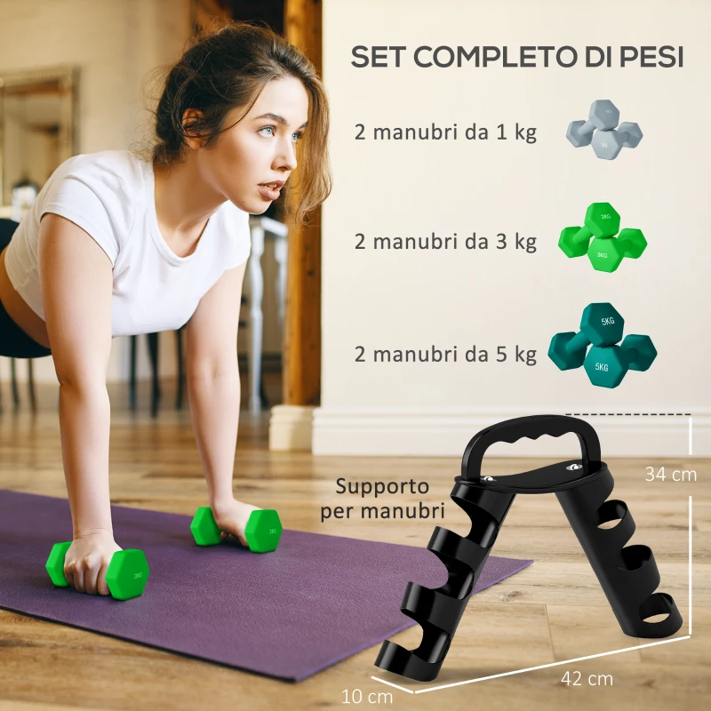SPORTNOW Set Manubri con Supporto, 3 Coppie di Pesi da 2 x 1 kg, 2 x 3 kg, 2 x 5 kg, Multicolore