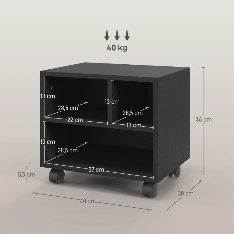 HOMCOM Mobile Porta Stampante a 2 Livelli con 3 Scomparti e Ruote per Ufficio e Studio, 40x30x36cm, Nero