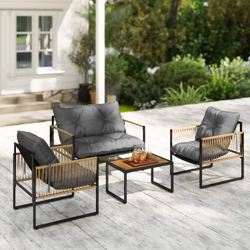 Outsunny Gartenmöbel-Set, 4-teilig, Sofa, 2 Stühle, Tisch mit Glasplatte, Metallgestell, Polyrattan, Anthrazit