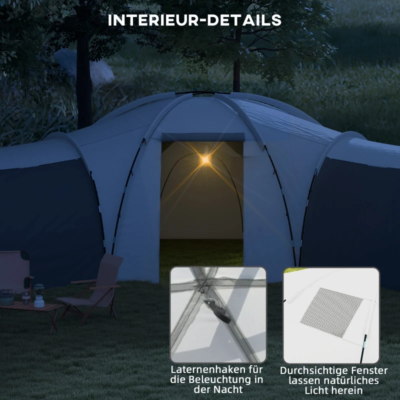 Outsunny Kampeertent voor 6-9 personen, 4 kamers, voortent, waterdicht, 615x 615x225cm, Grijs