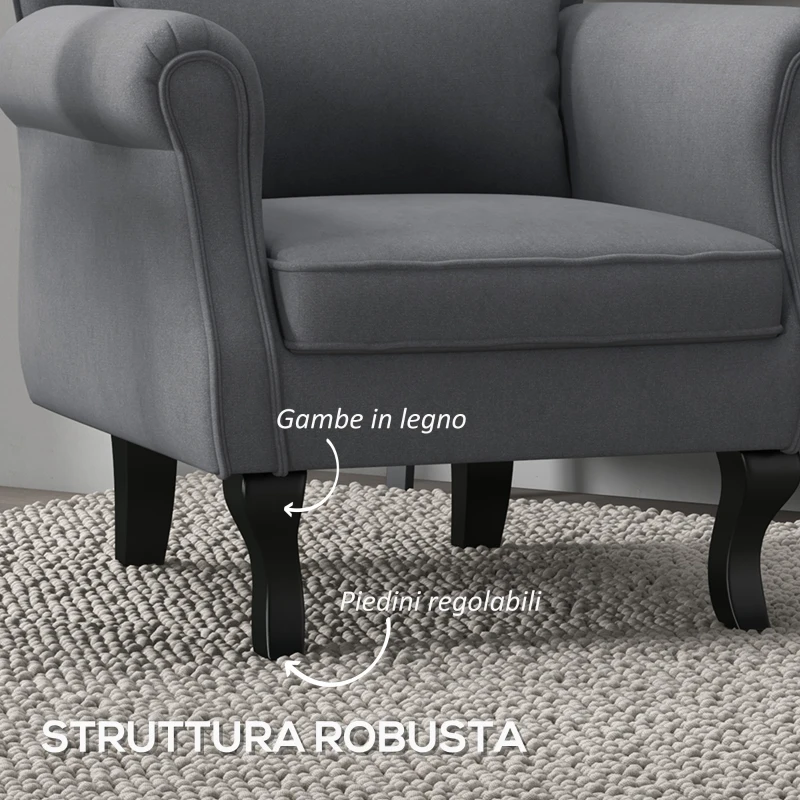 HOMCOM Poltrona da Salotto Vintage in Tessuto con Cuscino Lombare e Imbottitura, Grigio Scuro