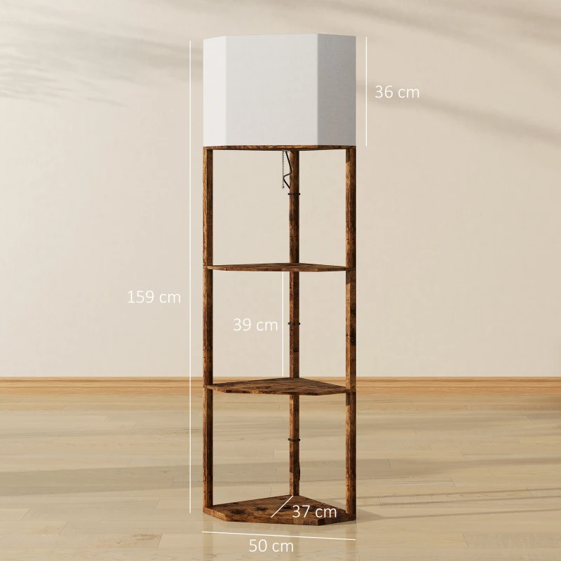 HOMCOM Corner Floor Lamp with Shelves, Tall Standing Lamps for Living Room, with Pull Chain Switch Bulb not Included, Rustic Brown
