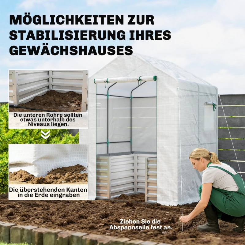 Outsunny Tomatenkas Foliekas met Verhoogde Plantenbak Oproldeur Ramen Schuin Dak 141 x 141 x 190 cm Wit