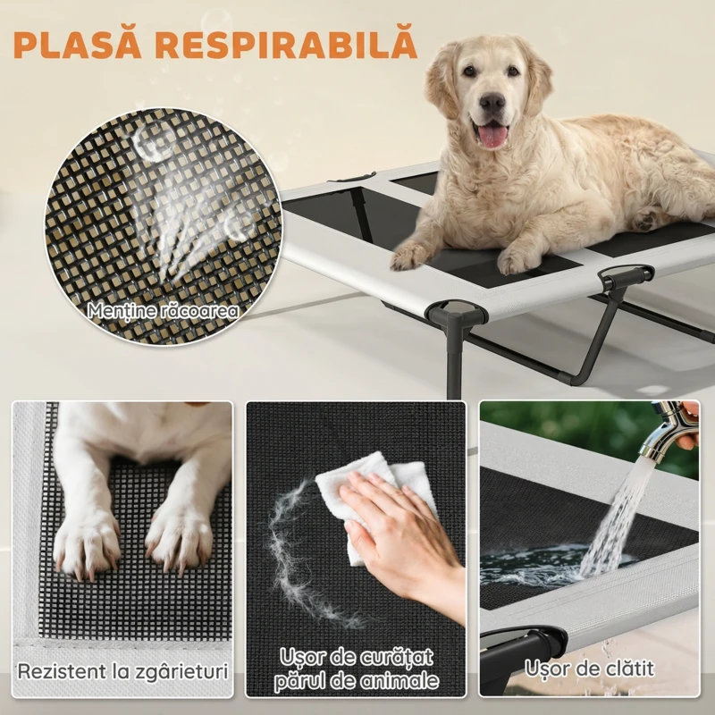 PawHut Pat pentru Câini cu Copertină Detașabilă pe 3 Laturi, din Poliester și Oțel, 106x76x94 cm, Gri Deschis și Negru