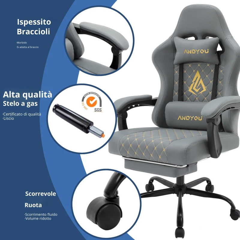 Sedia da gaming con poggiapiedi, morbido cuscino per collo e lombare, cuscini di supporto rimovibili, 60x60x122 cm, Grigio