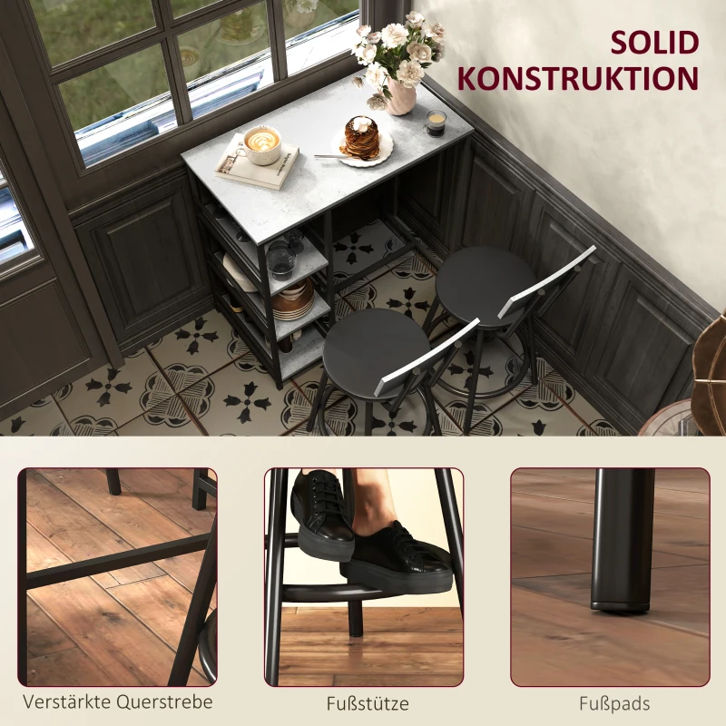 HOMCOM 3-delige eetset met bartafel en 2 stoelen, compacte keukenset met zijplanken, MDF, metaal, zwart