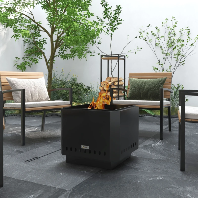 Outsunny Smokeless Fire Pit, 48 cm Portable Wood Burning Firepit, Square Metal Bonfire Stove with Poker, Black