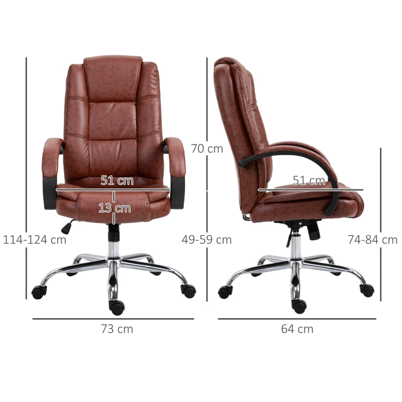 Vinsetto Office Chair, PU Leather Desk Chair with 13cm Soft Padded Seat and Backrest, Swivel Chair with Adjustable Height and Rolling Wheels, Brown