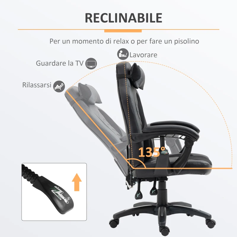 HOMCOM Sedia Poltrona da Ufficio Massaggiante e Riscaldante Design Ergonomico Reclinabile Finta pelle 68L×69P×(108-117)Acm Nera