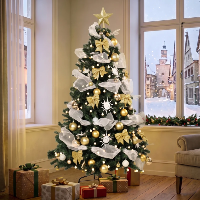 HOMCOM Weihnachtsbaum 180cm mit 200 warmweißen LEDs, 8 Modi, 800 feuerhemmende Zweige, Kugeln, Bänder, Schleifen