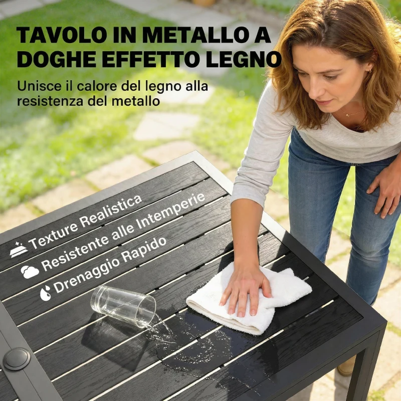 Outsunny Set da Pranzo Esterno 6 Persone, Tavolo e Sedie con Foro Ombrellone, Nero