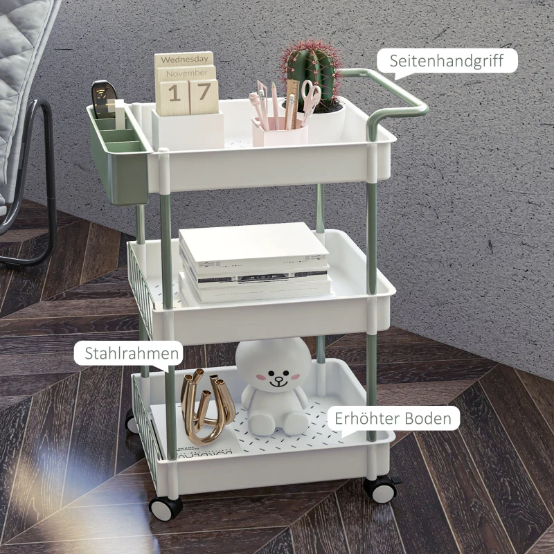 HOMCOM Trolley, 3 verdiepingen, hangmand, duwhandgreep, 4 wielen, metalen frame, wit, 50 x 29,4 x 77 cm
