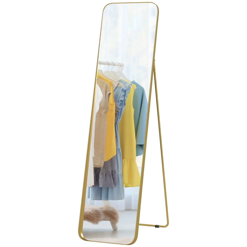 HOMCOM Passpiegel, vrijstaand, kantelbaar, metalen frame, MDF, 160 x 40 cm, goudkleurig