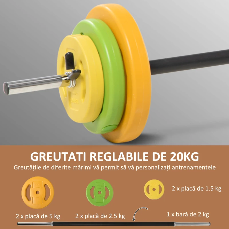 HOMCOM Set Halteră și Discuri de 20 kg Antiderapante cu 6 Greutăți și 2 Cleme de Fixare, Ø28x130 cm, Multicolor