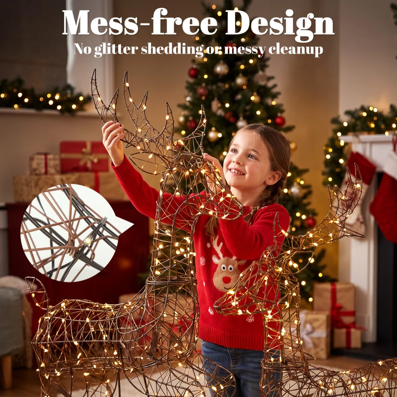 Outsunny 3-Piece Lighted Reindeer and Sleigh Set, PP Rattan Outdoor Christmas Decoration with LEDs, 8 Modes, Daily Timer