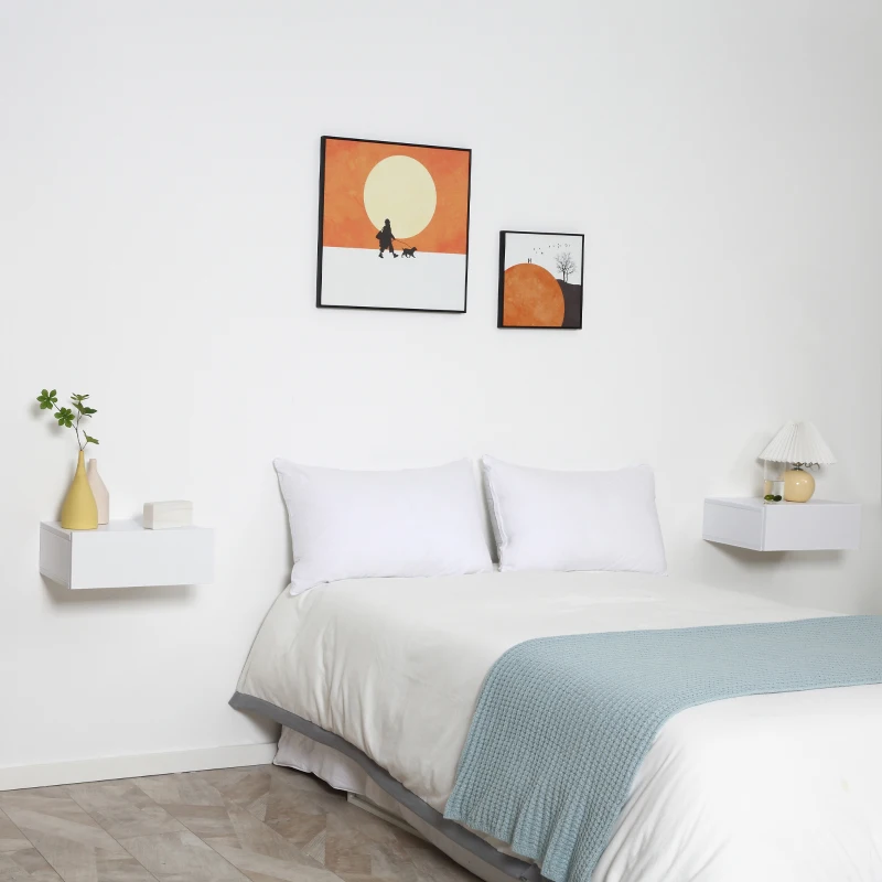 HOMCOM Lot de 2 Tables de Chevet murales - Lot de 2 Tables de Nuit - tiroir Coulissant, Plateau - Panneaux Particules Blanc
