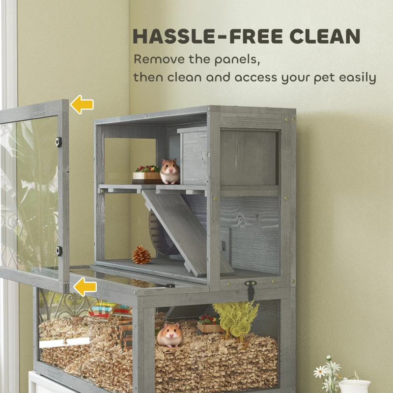 PawHut Wooden Hamster Cage with Hut, Wheel, Ramps, Removable Viewing Panels, 80 x 50 x 84 cm, Grey