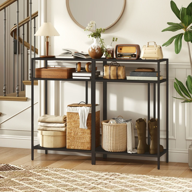 HOMCOM Consoletafel 3 niveaus opbergplanken Smalle Entreetafel Stalen Frame voor Woonkamer Hal 55 cm Zwart
