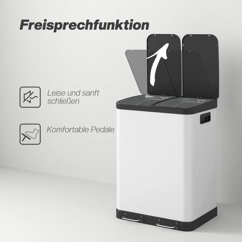 HOMCOM Dubbele prullenbak, 2 x 30L, vingerafdrukbestendig, pedaal, uitneembare binnenbakken, grijs
