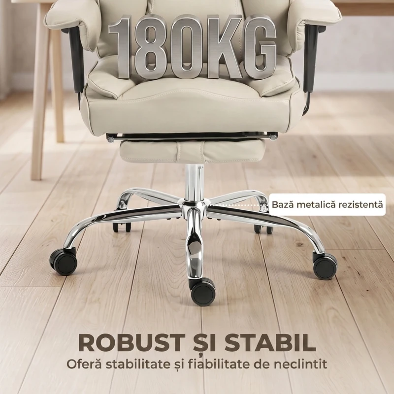 HOMCOM Scaun de Birou Rotativ Rabatabil 135°, Piele Ecologică, Suport pentru Picioare, Cotiere și Înălțime Reglabile, Gri Deschis