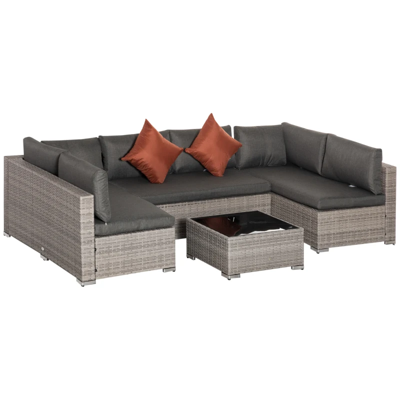 Outsunny Conjunto de Muebles de Jardín de Ratán 4 Piezas Mesa de Centro de Vidrio Sofá Doble y 2 Sofás Esquineros con Cojines Desenfundables para Terraza Exterior Gris
