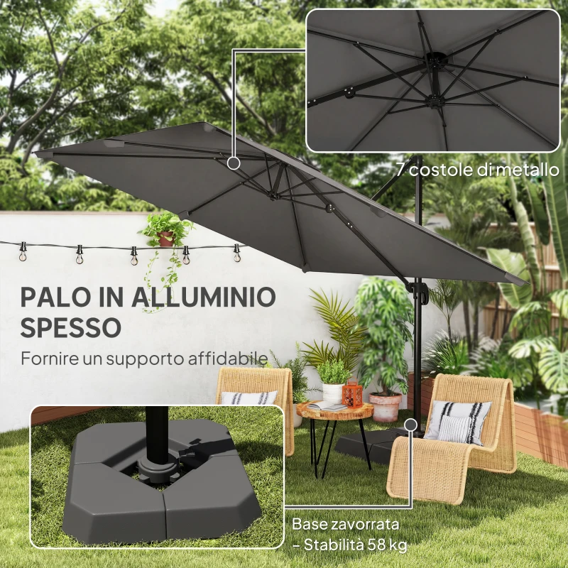 Outsunny Ombrellone Decentrato e Inclinabile 3x3 m con Base a Croce Riempibile e Manovella, in Poliestere Grigio Scuro