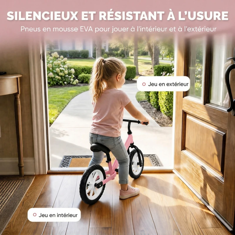 AIYAPLAY Draisienne Enfant 2-5 Ans, Roues Lumineuses, Siège Guidon Réglables, Pneus EVA Silencieux, Charge 50kg, 84x40x57cm, Rose