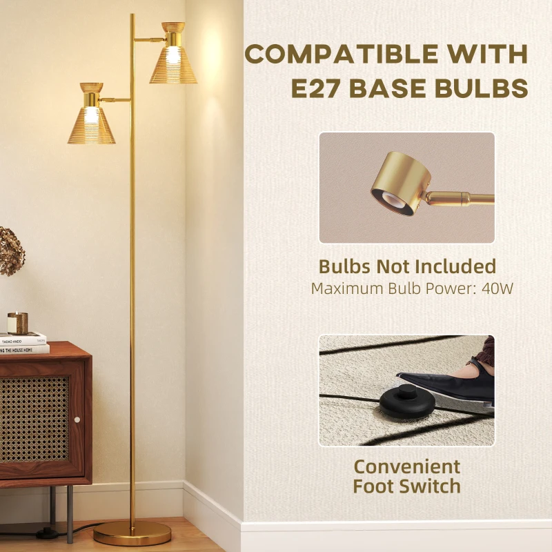 HOMCOM Floor Lamp with Adjustable Dual Head, Modern Standing Lamp with Floral Glass Shades and Foot Switch for Living Room Bedroom, E27 Socket, Bulb Not Included, Gold Tone