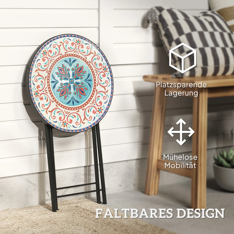 Outsunny Mozaïek Tuintafel, Opvouwbare ronde terrastafel met Metalen Frame en Keramische Tafelblad, Mozaïekpatroon, Meerkleurig