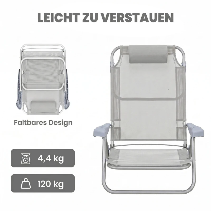 Outsunny 2-delige set campingstoelen inklapbaar met 6-voudig verstelbare mesh-rugleuning en hoofdsteun 62 x 65 x 80 cm Lichtgrijs