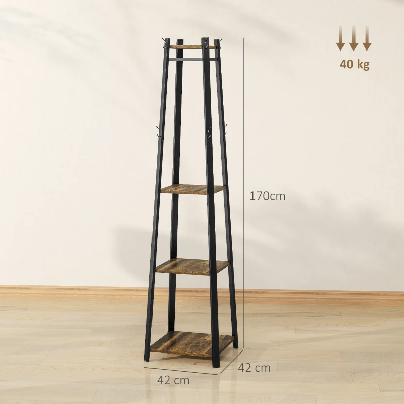 HOMCOM Appendiabiti da Terra con 8 Ganci, 3 Ripiani e Mensola Superiore, 42x42x170 cm, Marrone