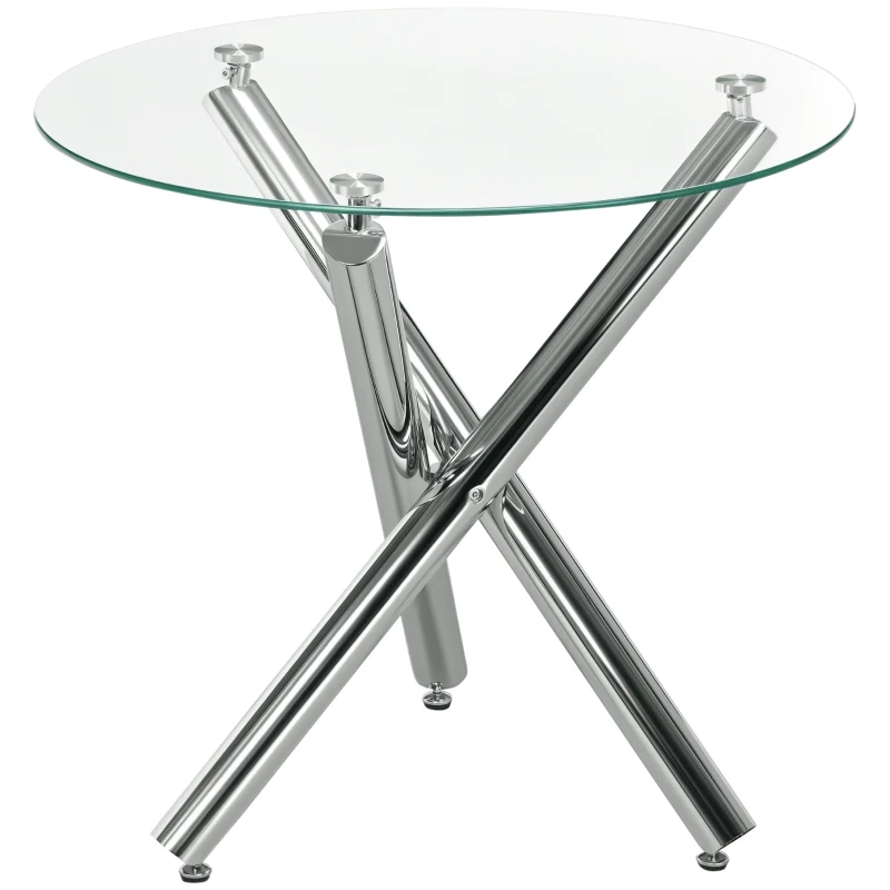 HOMCOM Eettafel, rond blad van gehard glas, randloos ontwerp, voor 2-4 personen, stalen poten, 80 x 80 x 74 cm