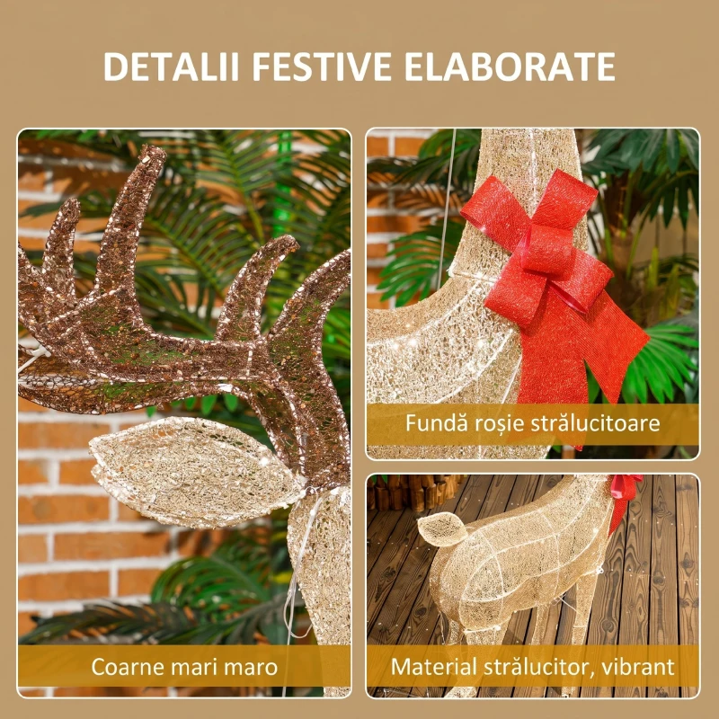 Outsunny Decorațiune de Crăciun pentru Exterior în Formă de Ren cu 137 de Lumini LED pentru Casă și Grădină, Culoare Aurie
