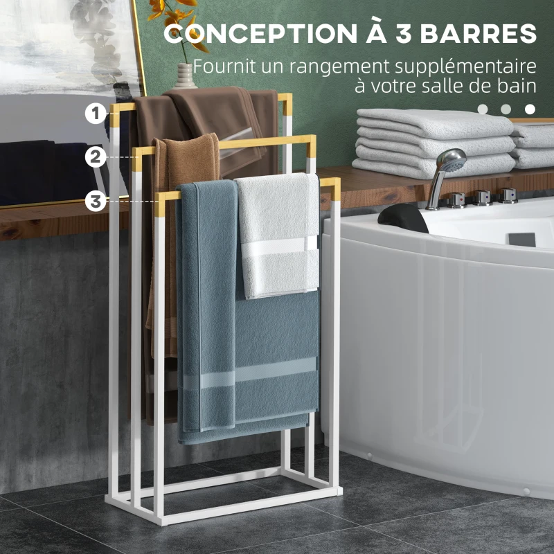 kleankin Porte-serviettes en bambou et acier sur pieds avec 3 barres support pour serviette 45 x 22,5 x 86 cm blanc et naturel