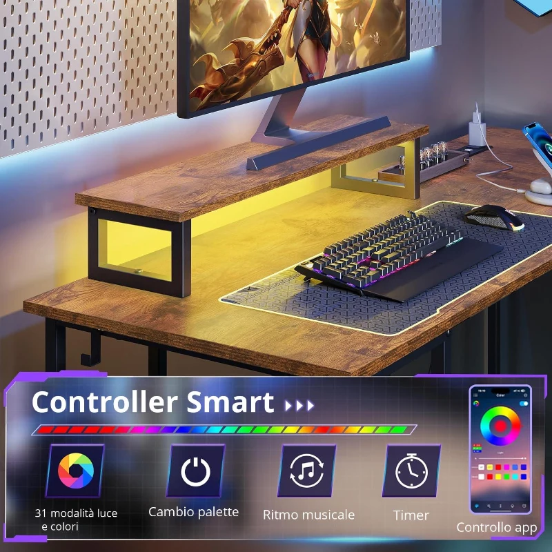 Scrivania angolare da gaming 2-in-1, piano di alta qualità, montabile in modo flessibile come forma a L o a I, 152x50x87,5 cm, Marrone
