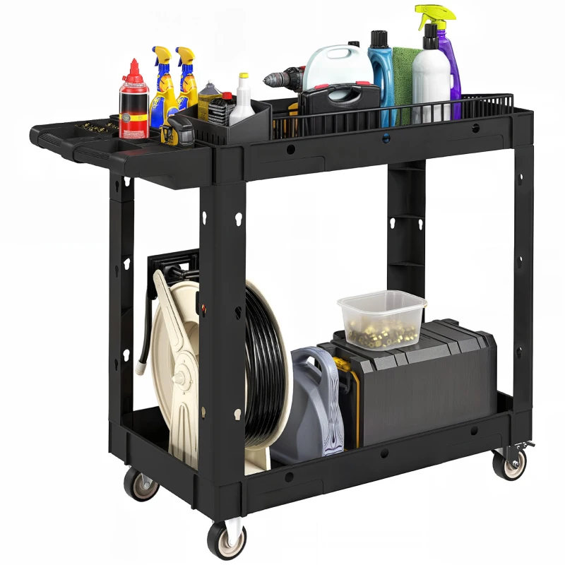 HOMCOM Gereedschapswagen, 2-Laagse Schappen, Handgreep, Wielen, Kunststof, Zwart