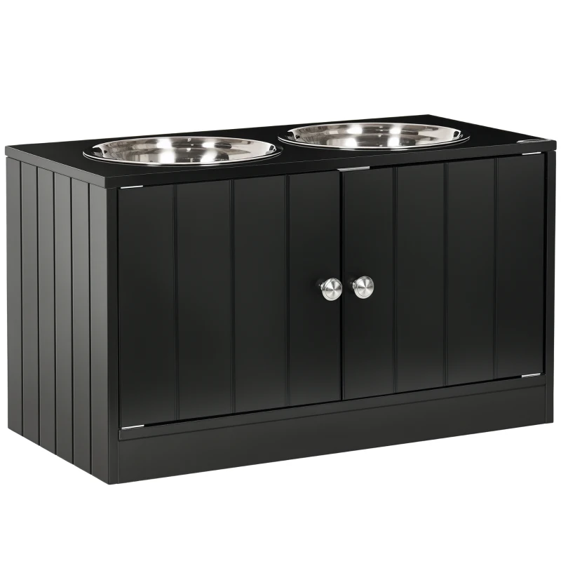 PawHut Verhoogd voerstation met 2 RVS kommen en 44 L opbergruimte, magnetische deuren, voor grote honden, zwart(m-11)