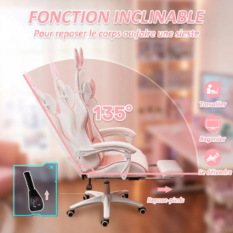 Vinsetto Chaise de gaming avec support lombaire, hauteur réglable, dossier inclinable, oreilles de lapin et appui-tête, rose