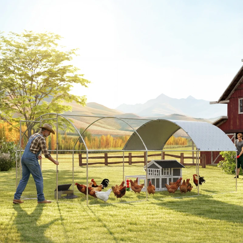 PawHut Gallinero para Exterior 2,8x5,1x1,9 m Cubierta de Tela Oxford Anti-UV Impermeable Pestillos para 15-24 Gallinas Plata