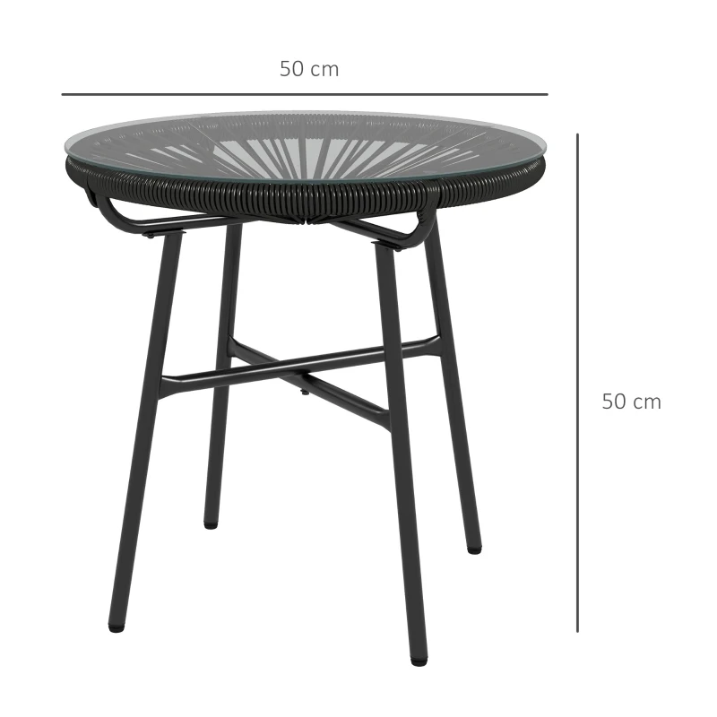 Outsunny Tuintafel boho-stijl outdoor bijzettafel, PE-rattan, gehard glas, weerbestendig, 50 cm x 50 cm x 50 cm, zwart